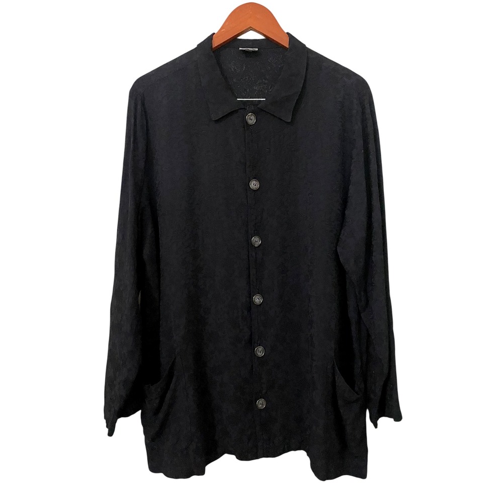 CP Shades Button Down Tunic Top Small Black Floral Jacquard Oversized Lagenlook